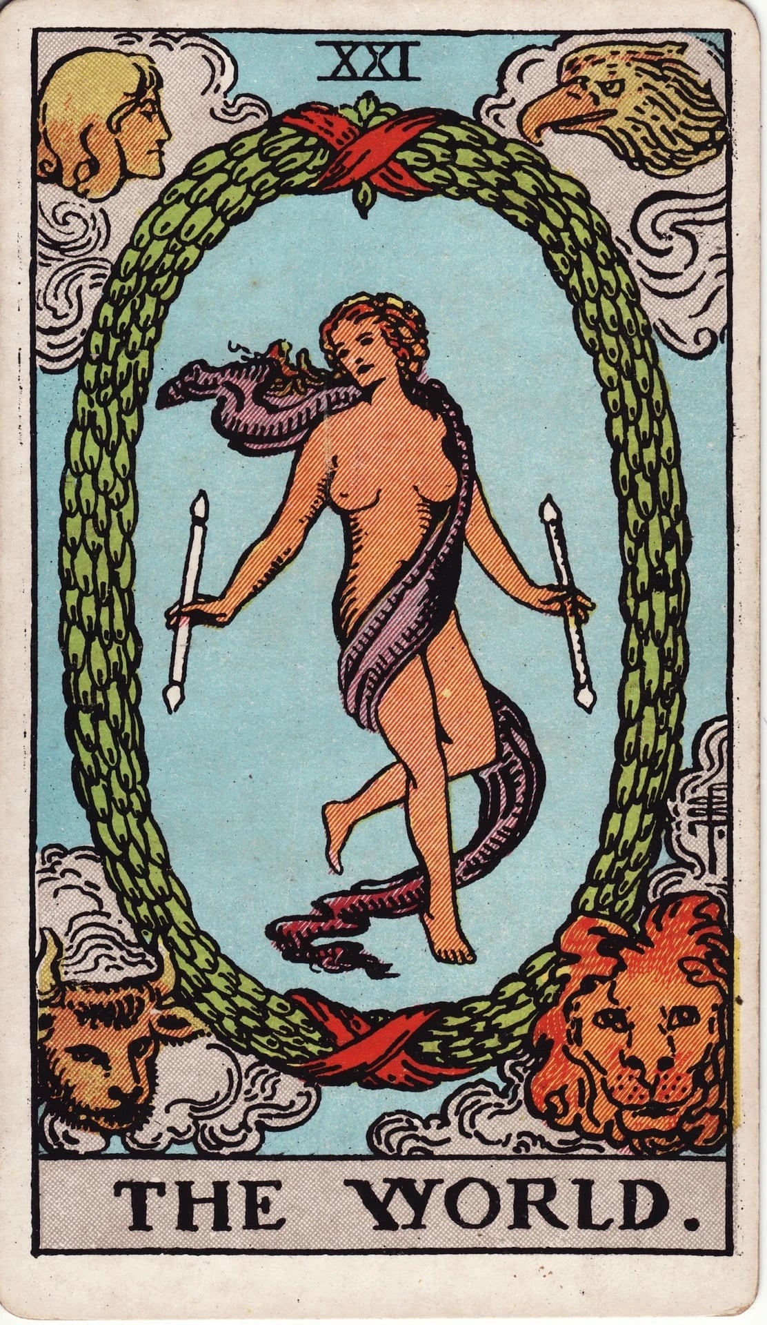 The World tarot card showing a dancing figure in a wreath, representing fulfillment and a new cycle.