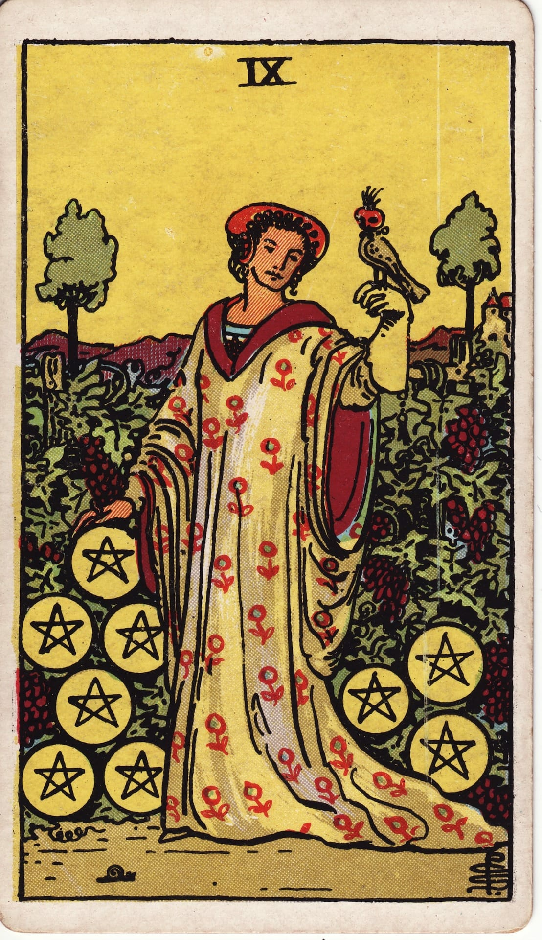 The Nine of Pentacles tarot card, symbolizing abundance, independence, and luxury.