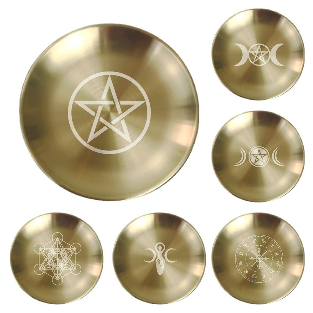 14cm Three-phase Moon Pentagram Decoration Metal Candlestick Table Tarot Ceremony Meditation Peripheral Altar Steel Plate