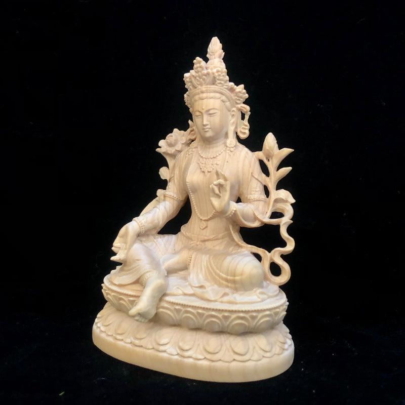 Buxus Microphylla Wood Carving Green Tara Statue Home Decoration