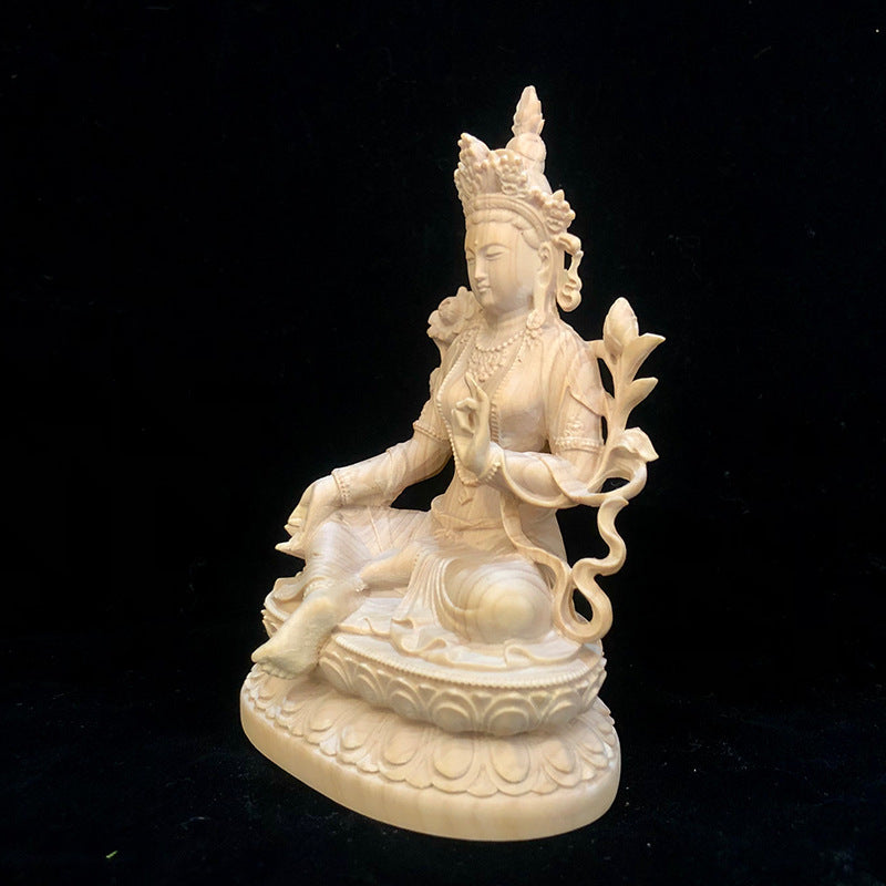 Buxus Microphylla Wood Carving Green Tara Statue Home Decoration