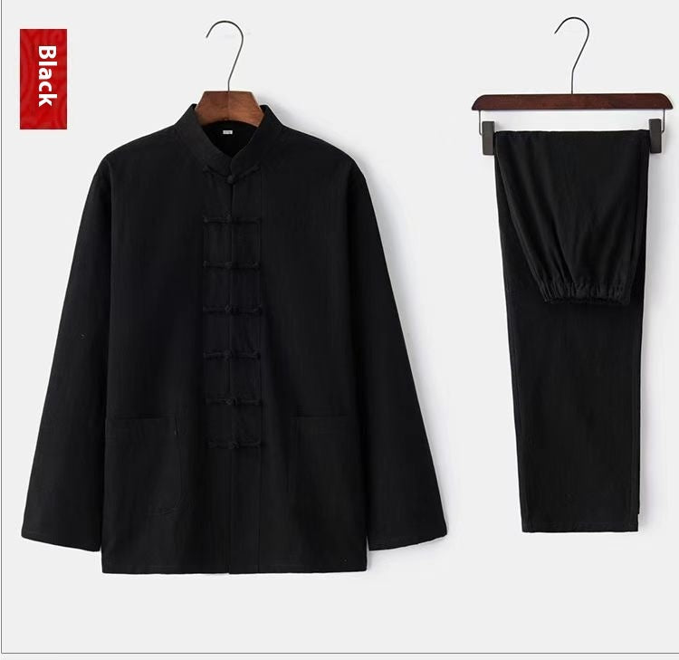 Men's Buckle Vintage Shirt Chinese Taiji Jushi Zen Clothes Two-piece Set