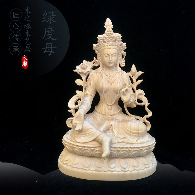 Buxus Microphylla Wood Carving Green Tara Statue Home Decoration
