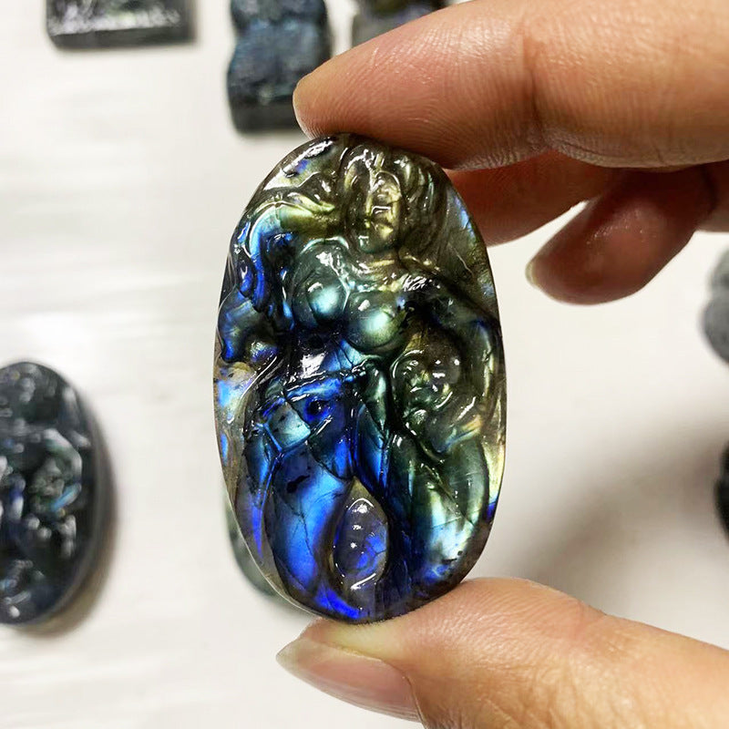 Blue Light Natural Elongated Stone Carving Decorative Ornaments