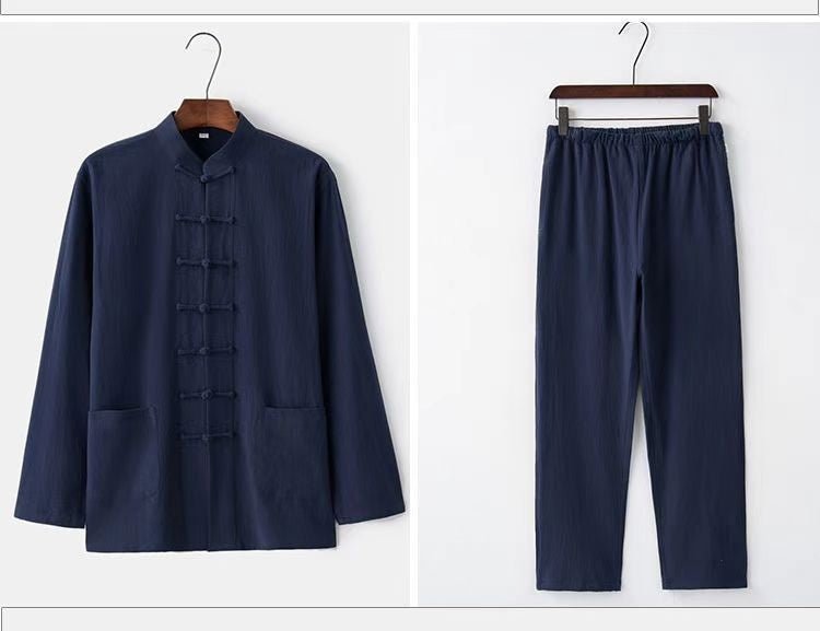 Men's Buckle Vintage Shirt Chinese Taiji Jushi Zen Clothes Two-piece Set