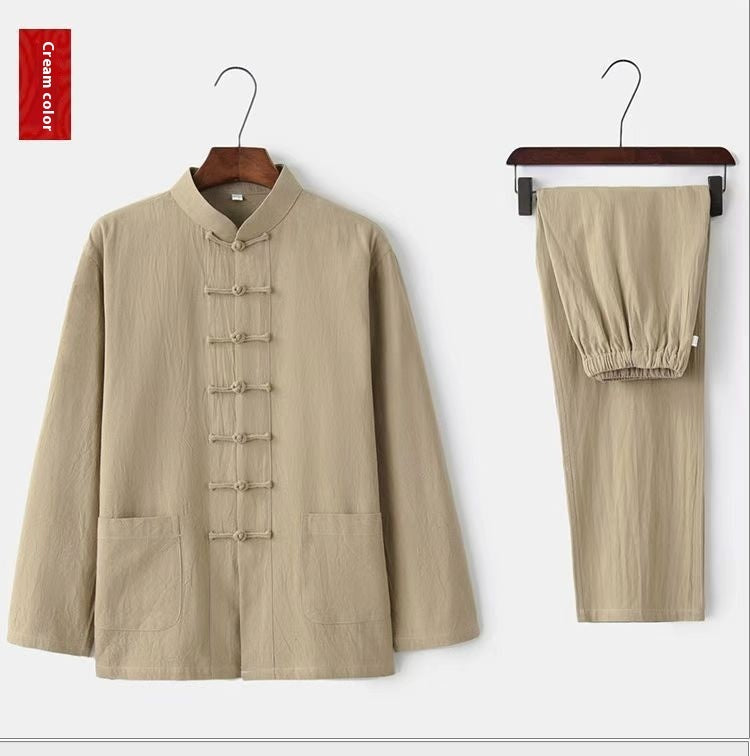 Men's Buckle Vintage Shirt Chinese Taiji Jushi Zen Clothes Two-piece Set