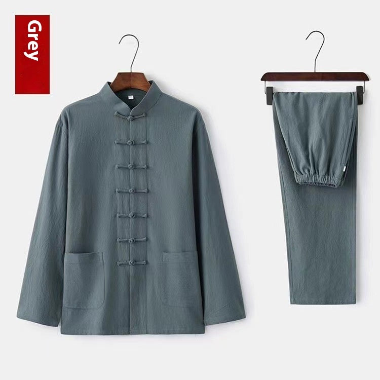 Men's Buckle Vintage Shirt Chinese Taiji Jushi Zen Clothes Two-piece Set