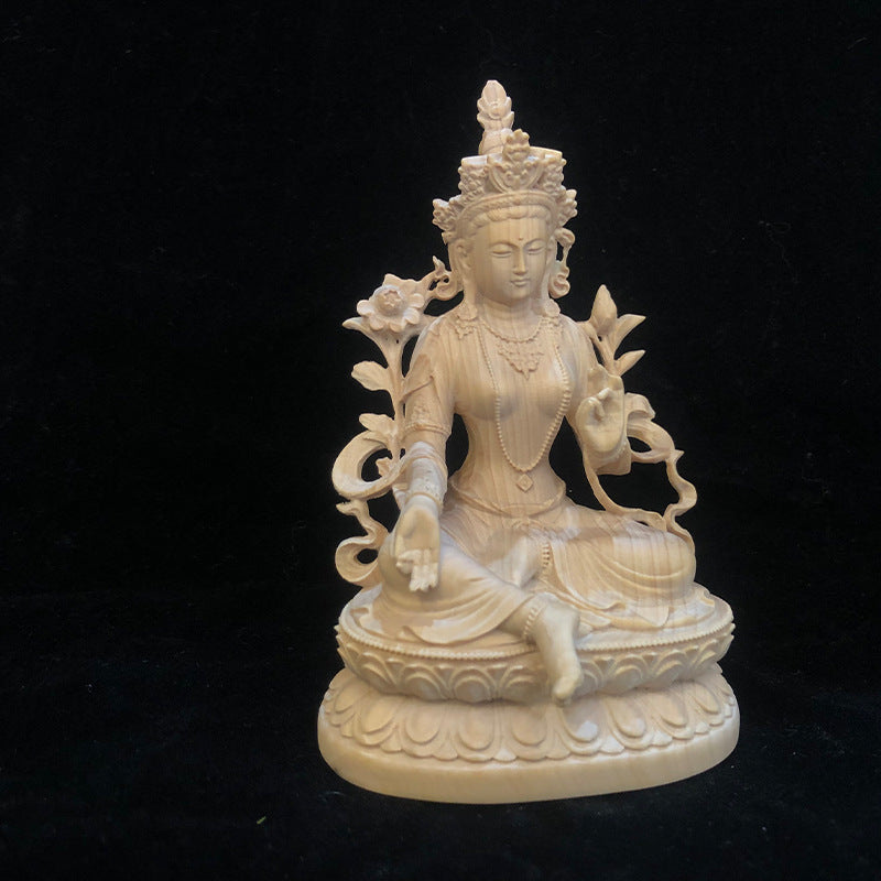 Buxus Microphylla Wood Carving Green Tara Statue Home Decoration
