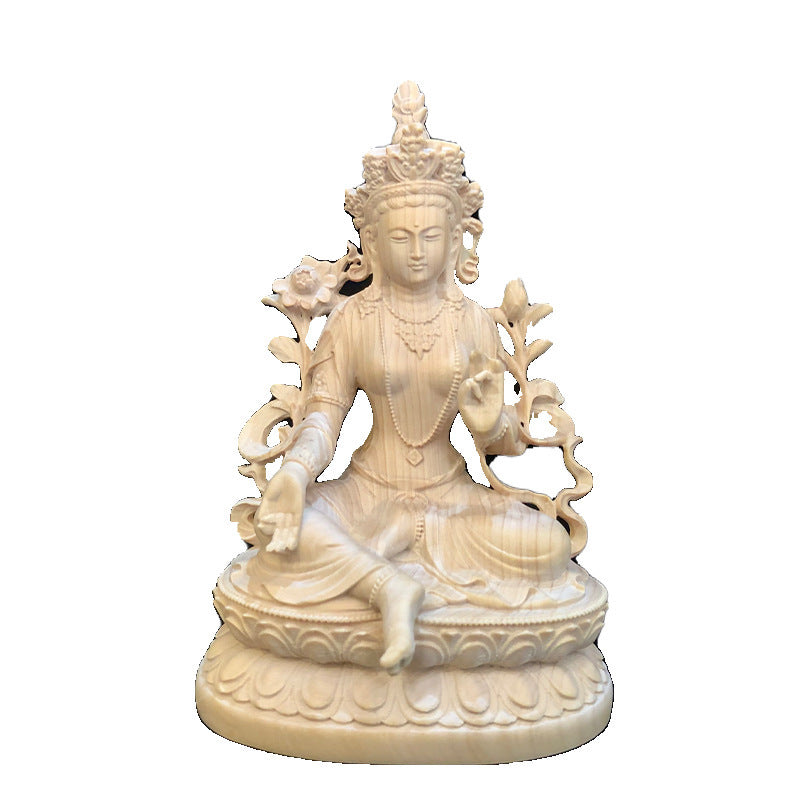 Buxus Microphylla Wood Carving Green Tara Statue Home Decoration