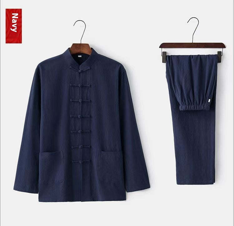Men's Buckle Vintage Shirt Chinese Taiji Jushi Zen Clothes Two-piece Set