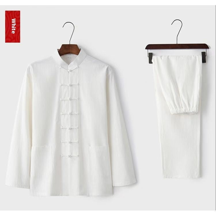 Men's Buckle Vintage Shirt Chinese Taiji Jushi Zen Clothes Two-piece Set