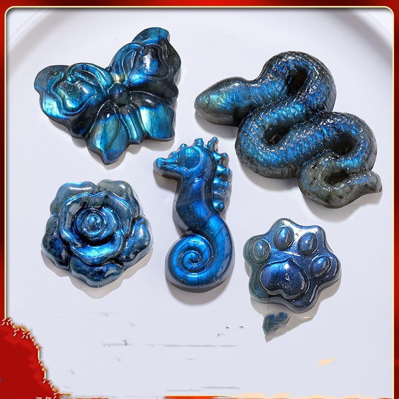 Strong Blue Light Moonstone Ore Specimen Crystal Carving Ornaments